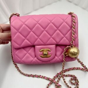 CHANEL Pink Quilted Lambskin Mini Flap Shoulder Bag with Gold Hardware